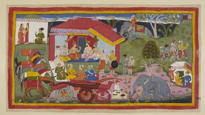 Legg til 15296 (1) f.104r, I en leirscene blir Guha the Nishadaking introdusert i møtet mellom prinsene, brahminene og ministrene. Hestene, uten åk fra vognene, står i en rekke tjoret og hinket, mens en mahout forbereder pulver til de av Indian School