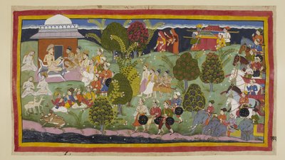 Legg til 15296 (1) f.105r, De to prinsene, brahminene og ministrene nærmer seg eremitasjen Bharadva ja til fots, med de tre dronningene på avstand over horisonten etterfulgt av kullene deres. Hæren med sine elefanter og vogner venter bak. På l av Indian School