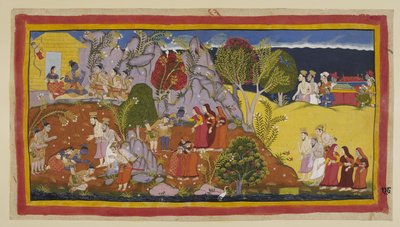 Legg til 15296 (1) f.118r, Brahminene og dronningene i deres kull nærmer seg. Kausalya peker ut stedet ved elven der Rama tilbød det rituelle vannet og beklager den ynkelige kvaliteten til pindaene, som ble tilbudt til hennes døde ektemann. De tre eksilene av Indian School