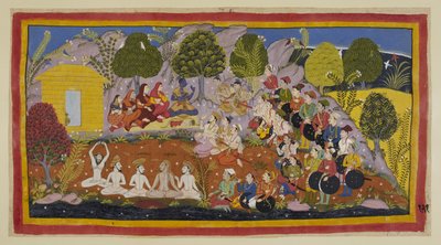 Legg til 15296 (1) f.121r, Rama sitter på en matte vendt mot de to brødrene, med de tre dronningene og Sita på høyre side. Bharata fortsetter å oppfordre Rama til å returnere til Ayodhya for å bli kronet, og argumenterer for at faren deres hadde syndet mot av Indian School