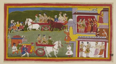 Legg til 15296 (1) f.127r, prosesjonen går tilbake til Ayodhya, langs bunnen av maleriet, den sorgfulle og øde byen er tilholdssted for katter og ugler. Bharata og Shatrughna tar avskjed med dronningene og forteller Vasistha at de vil trekke seg tilbake ti av Indian School
