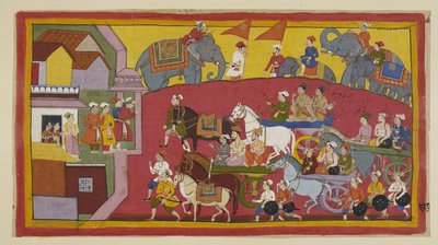 Legg til 15296 (1) f.128r, vognene til Vasistha og prinsene, deltatt av forskjellige ministre og folk, kommer inn i byen Nandigrama. av Indian School