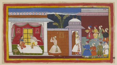 Legg til 15296 (1) f.27r, Vasistha har fortalt Sumantra å fortelle kongen at alt er klart, og han informerer Dasaratha om dette. Han får beskjed av Kaikeyi, med Dasarathas tause samtykke, om å hente Rama. Utenfor palassinngangen til høyre, borgere og andre av Indian School