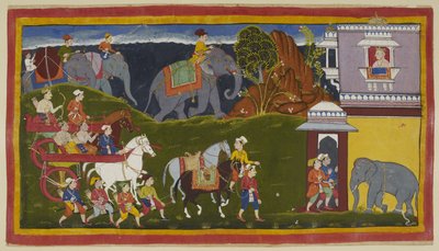 Legg til 15296 (1) f.4r, Bharata, Shatrughna og deres onkel, sammen med holdere og to ledede ridehester, med lastede elefanter bortenfor horisontlinjen, ankommer palasset til kongen av Kekaya, Bharatas morfar, som venter på dem ser ut av Indian School