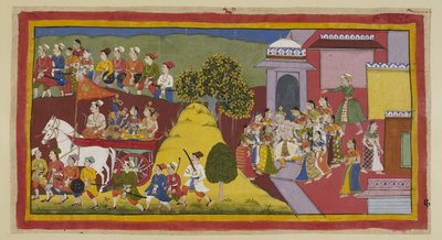 Legg til 15296 (1) f.57r, Rama, uutholdelig fortvilet ved synet av sine gamle foreldre som løper desperat etter vognen, har oppfordret sjåføren. Vognen passerer bak en bakke, fortsatt omgitt av byfolk, mens Dasaratha, som har løpt etter den, av Indian School