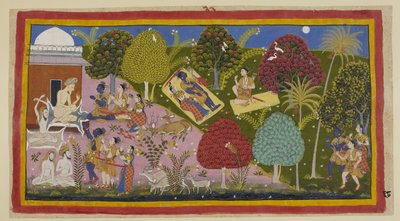 Legg til 15296 (1) f.68r, Øverst i midten overnatter de tre i skogen. Sita og Rama ligger på en matte, sverdet hans og buen ved siden av ham, mens Laksmana som sitter på matten hans irettesetter Rama for å gi etter for sorg. Nederst går de så videre til he av Indian School