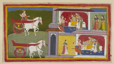 Legg til 15296 (1) f.72r, Til venstre vender Sumantra tilbake til Ayodhya og går inn i palasset for å gi Ramas siste beskjed til kongen, som sitter med Kausalya og Sumitra ved siden av seg. Kongen faller i svime og blir fanget av Sumantra og dronningene. av Indian School