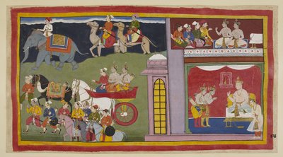 Legg til 15296 (1) f.84r, Sendebudene, i et øvre kammer, ber prinsene vende tilbake til Ayodhya. Nedenfor i tronsalen, kledd for reisen, tar prinsene farvel til kong Kaikeyi og hans sønn Yudhajit. De sitter ute i en vogn med m av Indian School
