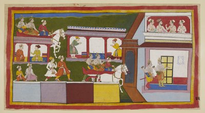 Legg til 15296 (1) f.85r, Prinsene i vognen deres kjører gjennom hovedgaten ved Ayodhya, lurer på endringen i byen siden de forlot den, og går deretter inn i palasset med spørrende bevegelser. I et øvre rom samles en brahmin og tre ministre av Indian School