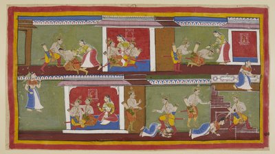 Legg til 15296 (1) f.89r, Øverst til høyre hilser Bharata og Shatrughna på Kaikeyi, som tar dem på fanget, og de snakker om nylige hendelser. Bharata faller besvimende når han hører om farens død og hva moren har gjort for å sikre av Indian School