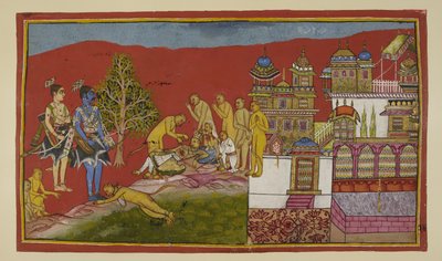 Legg til 15296 (2) f.24r, Utenfor palasset ligger Bali døende. Tara og sønnen deres Angada har dukket opp fra palasset for å jamre ham, mens Hanuman og de andre apene trøster dem. Bali gjenopplives fra besvimelsen for å fortelle Sugriva at han forlater kon av Indian School