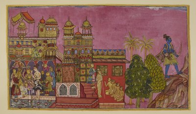 Legg til 15296 (2) f.27r, Sugriva blir innsatt som konge i palasset, og Angada som kronprins og arving til kongeriket Kiskindha, med Laksmana tilstede, mens Rama trekker seg tilbake til Prasravana-fjellet for å tilbringe regntiden der. av Indian School