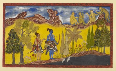 Legg til 15296 (2) f.2r, I deres desperate leting etter den bortførte Sita, har Rama og Laksmana kommet til Pampa-sjøen, som er dekket med lotus og omgitt av blomstrende trær. Det er vårsesong og Rama blir kontinuerlig påminnet av parringsbien av Indian School