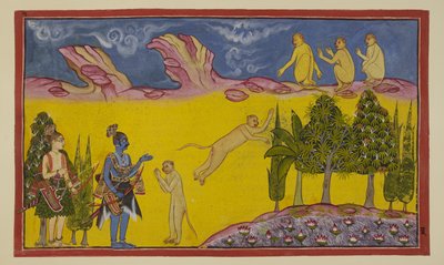 Legg til 15296 (2) f.3r, Sugriva er først skremt, og tenker at disse væpnede krigerne har blitt sendt av hans tilranende bror Bali for å ødelegge ham. Han sender sin kloke minister Hanuman for å finne ut mer om de to fremmede. Hanuman introduserer seg selv av Indian School