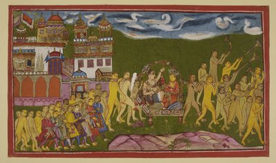 Add 15296 (2) f.43r, Sugriva og Laksmana blir formidlet i et gyldent kull, båret av aper, fra Kiskindha av Indian School