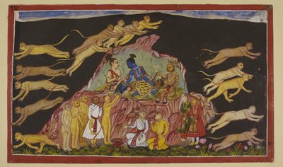 Legg til 15296 (2) f.49r, Rama, Laksmana og Sugriva sitter på en steinete eminens. Sugriva deler sine enorme styrker i fire og sender dem ut for å lete etter Sita i de fire kvartalene. Til hver troppsleder beskriver han terrenget de vil møte av Indian School