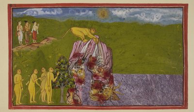 Legg til 15296 (2) f.81r, På kysten av det store havet var apene forferdet over hvordan de kunne krysse det for å nå La?k?. Angada spurte dem alle hvor langt de kunne hoppe, men ingen var sikre på å hoppe så langt, før Jambavan oppfordret Hanuman, s av Indian School