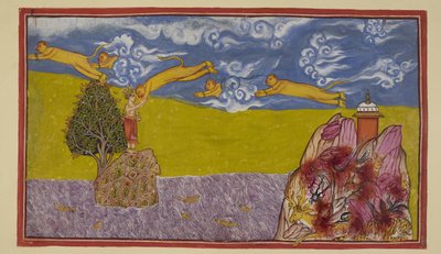Legg til 15296 (2) f.84r, Uberørt av havets bredde, svulmer Hanuman seg opp til en enorm størrelse, og ved å bruke det fortsatt brennende fjellet Mahendra som utskytningsrampe kaster han seg ut i verdensrommet og over havet til øyriket La ?k?. The Ocean en av Indian School