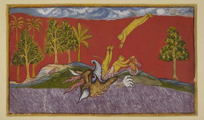 Legg til 15296 (2) f.87r, Hanuman dykker inn i munnen til demonen Siṃhika av Indian School