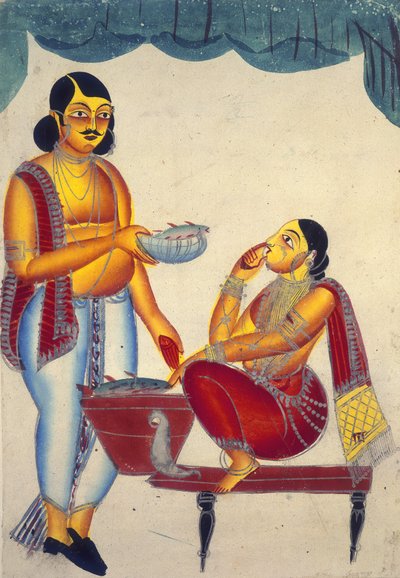 Add Or 905 A Woman selger fisk (akvarell og sølvmaling på papir) av Indian School