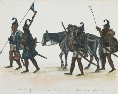 Akali Sikhs on the March, ca. 1850 (ugjennomsiktig akvarell på papir) av Indian School