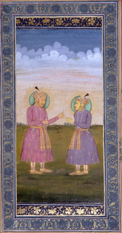 Akbar gir en juvelbesatt fjær til sønnen Jahangir, ca. 1845 (ugjennomsiktig wc og gull på papir) av Indian School