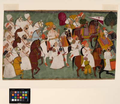 Akhi Singh rir med følget sitt, ca. 1750 (ugjennomsiktig akvarell og gull på papir) av Indian School