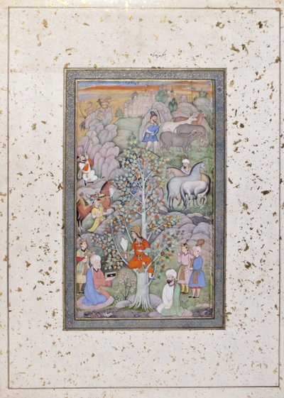 Alexander stiller spørsmål ved filosofen, legen og begeret, ca. 1610 (ugjennomsiktig wc og gull på papir) av Indian School