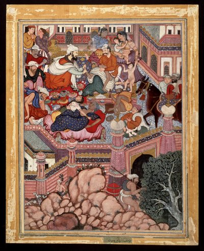 Amr, forkledd som kirurgen Mazmahil, praktiserer kvakksalveri på trollmennene i Antali, ca. 1570 (ugjennomsiktig akvarell og gull på bomull) av Indian School