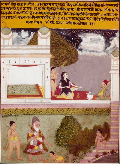 En askete lytter til musikk på terrassen til et miniatyrpalass på den indiske skolen, rundt 1760. Privat samling av Indian School
