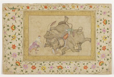 En elefantkamp, med blomster-arabesk på kanten, ca. 1610 (ugjennomsiktig wc og gull på papir) av Indian School