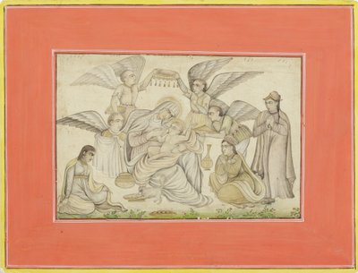 Angels Attend Mary and Jesus, ca. 1665 (ugjennomsiktig wc og gull på papir) av Indian School