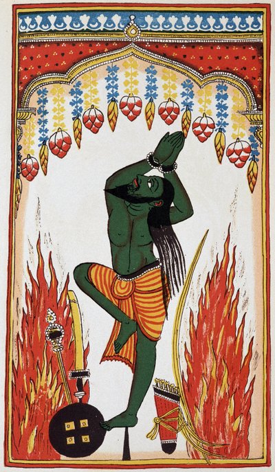 Aradjama, ber og gjør bot for å få armene som vil gjøre ham uovervinnelig, litho 1700-tallet. av Indian School