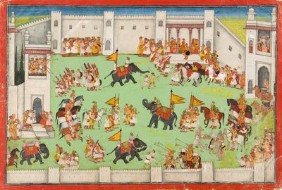 Ankomst av brudgommen til palasset, folio fra en Ramayana, ca. 1640-1650 av Indian School