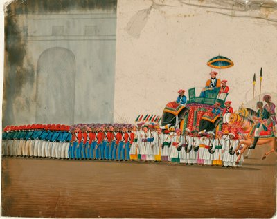 Indisk kunst: sultanen på elefanten sin (sultan som rir på en elefant) Gouache ca. 1800 Dim 18,6x23,5 cm Privat samling av Indian School