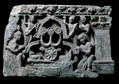 Art of Gandhara (eller gresk-buddhisme): "" Buddha i bønn"" miraklet Sravasti (Shravasti eller Savatthi) (Praying Buddha, mirakelet til Sravasti) Relieff av Gandhara-skolen - 2. til 4. århundre - Indian Museum, Calcutta India av Indian School