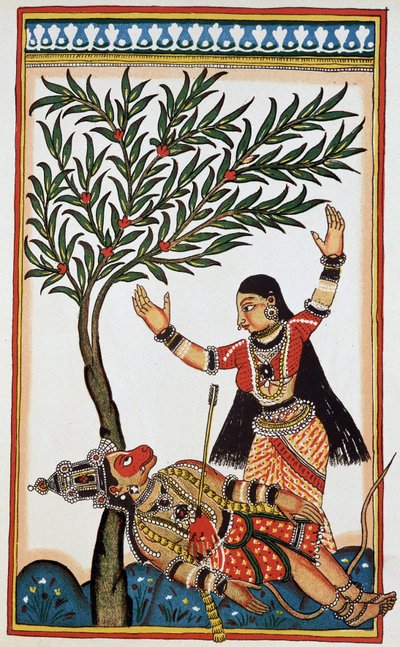 Bali drept av en pil, ved siden av ham Tara hans kone, litho attende. av Indian School