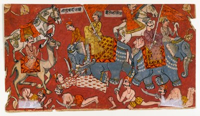 Kampscene fra en Bhagavata Purana-serie, ca. 1625-50 (akvarell og gull på papir) (verso av 499329) av Indian School