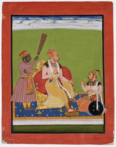 Bhao Singh tronet med en adel ved føttene, ca. 1680 (ugjennomsiktig wc og gull på papir) av Indian School