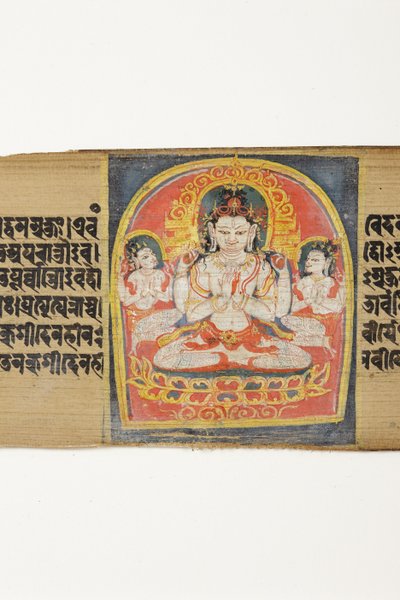 Bodhisattva Sadakshi Awolokiteshwara and Attendants, CII-1 (OPQ w & inc on palm leaf) av Indian School