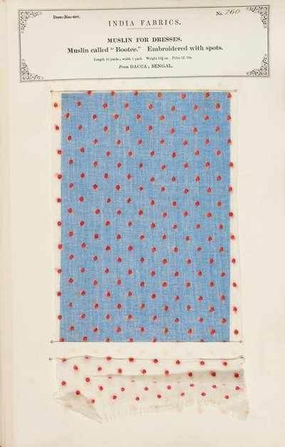 Bootee-muslinprøve brodert med flekker fra Dacca i Bengal, fra The Collection of the Textile Manufacturers of India, av John Forbes Watson, utgitt i 1866 av Indian School