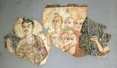 Buddha med sine seks disipler, fra Miran, 3.-4. århundre (veggmaleri) maleri) av Indian School