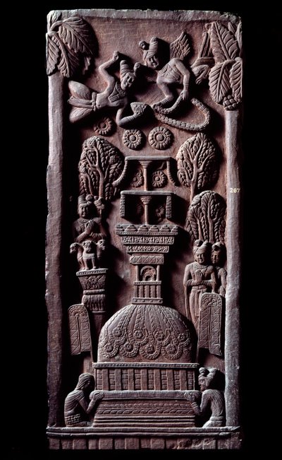 Buddhisme: "" Mahaparinirva a ou parinirvana, slutten på Buddhas jordiske eksistens, når nirvanaen"" (Parinirvana, siste nirvana, som inntreffer ved døden til Buddhas kropp) detail du stupa de Bharhut (Barhut, Barouth) Lav relieff av sort av Indian School