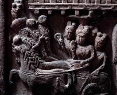 Buddhisme: "" Prasenjits siste besøk til Buddha" (Prasanjits siste besøk til Buddha) detail du stupa de Bharhut (Barhut, Barouth) Lavt relieff av svart stein, 2. århundre f.Kr. (2. århundre f.Kr.) - Kolkata, indisk museum av Indian School