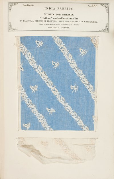 Chikan brodert muslinprøve fra Dacca i Bengal, fra The Collection of the Textile Manufacturers of India, av John Forbes Watson, utgitt i 1866 av Indian School