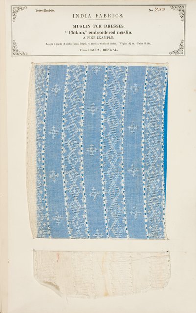 Chikan brodert muslinprøve fra Dacca i Bengal, fra The Collection of the Textile Manufacturers of India, av John Forbes Watson, utgitt i 1866 av Indian School