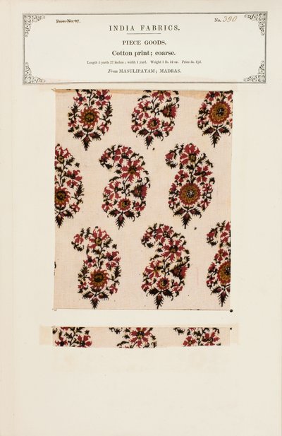 Prøve av grovt bomullstrykk fra Masulipatam i Madras, fra The Collection of the Textile Manufacturers of India, av John Forbes Watson, utgitt i 1866 av Indian School