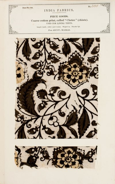 Grov bomullsprøve med chetee (chintz) mønster fra Arcot i Madras, fra The Collection of the Textile Manufacturers of India, av John Forbes Watson, utgitt i 1866 av Indian School