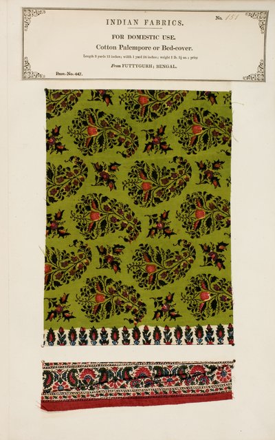Bomullspalempore eller sengeteppeprøve fra Futtygurgh i Bengal, fra The Collection of the Textile Manufacturers of India, av John Forbes Watson, utgitt i 1866 av Indian School