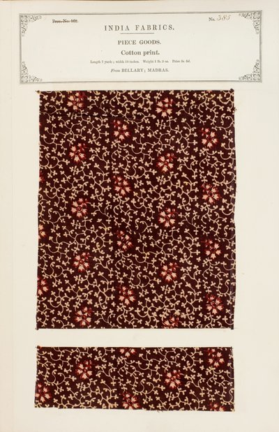 Bomullstrykkprøve fra Bellary i Madras, fra The Collection of the Textile Manufacturers of India, av John Forbes Watson, utgitt i 1866 av Indian School